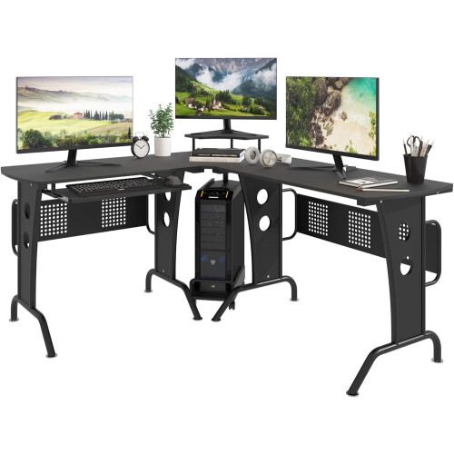 L-Shaped Corner Desk Large Gaming Desk with CPU Rack Keyboard Tray
