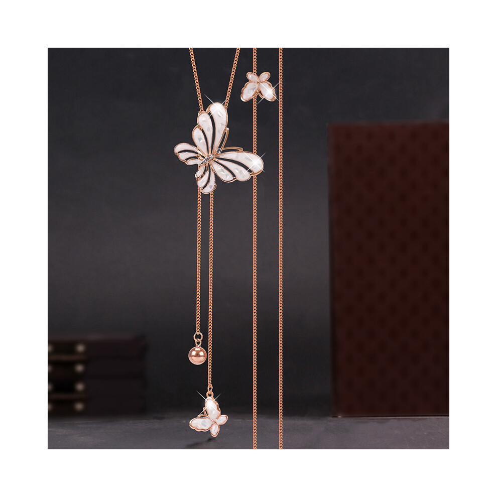 (Rose Gold White) Unique Butterfly Design Long Necklace For Women Perfect For Everyday Or Special Events