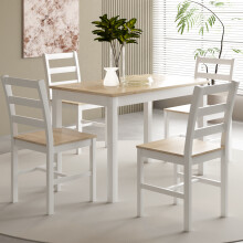 (White With Natural Table Top, Large Table With 4 Chairs) Wooden Dining Set Available in 2 Sizes and 4 Colours With 2 Or 4 Chairs
