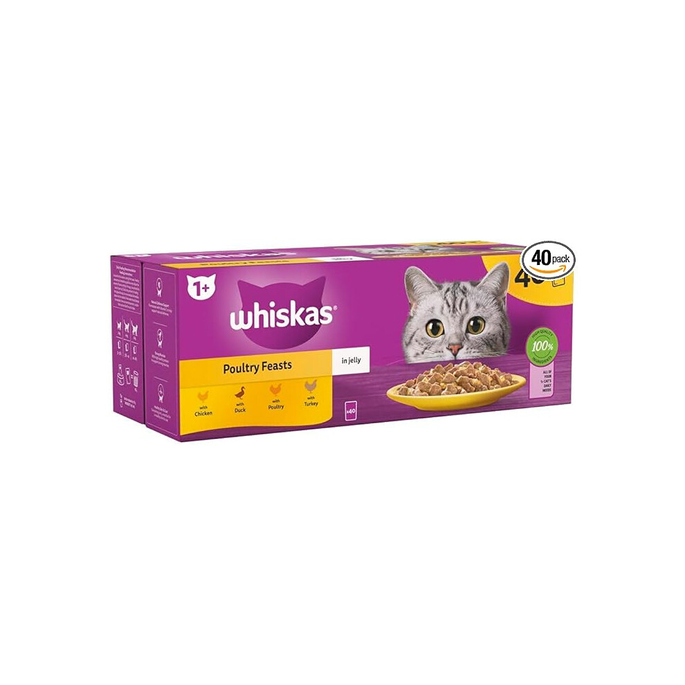 Whiskas 1+ Adult Poultry Selection In Jelly 40 Pouches, Adult Wet Cat Food, Megapack (40 X 85 G)
