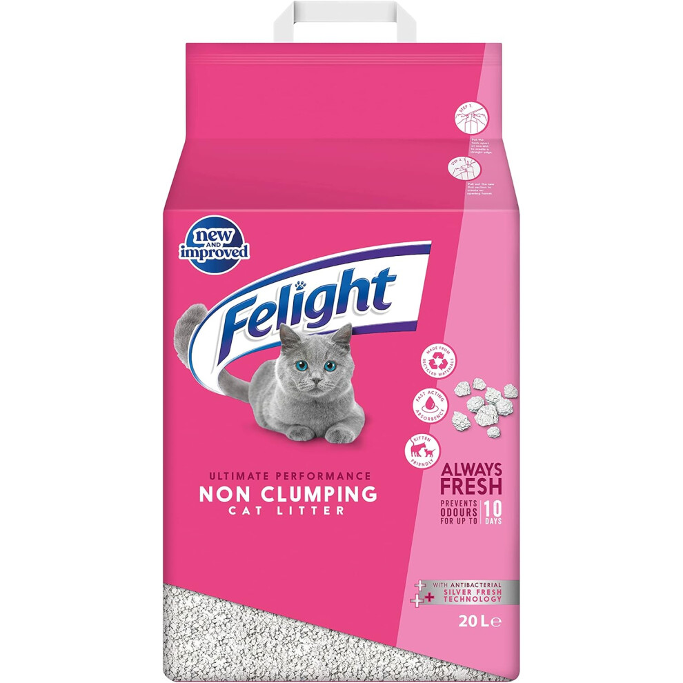 Felight Non-Clumping Cat Litter (20L Bag) - Antibacterial Silverfresh Technology, Prevents Odours for up to 10 Days, Made in the