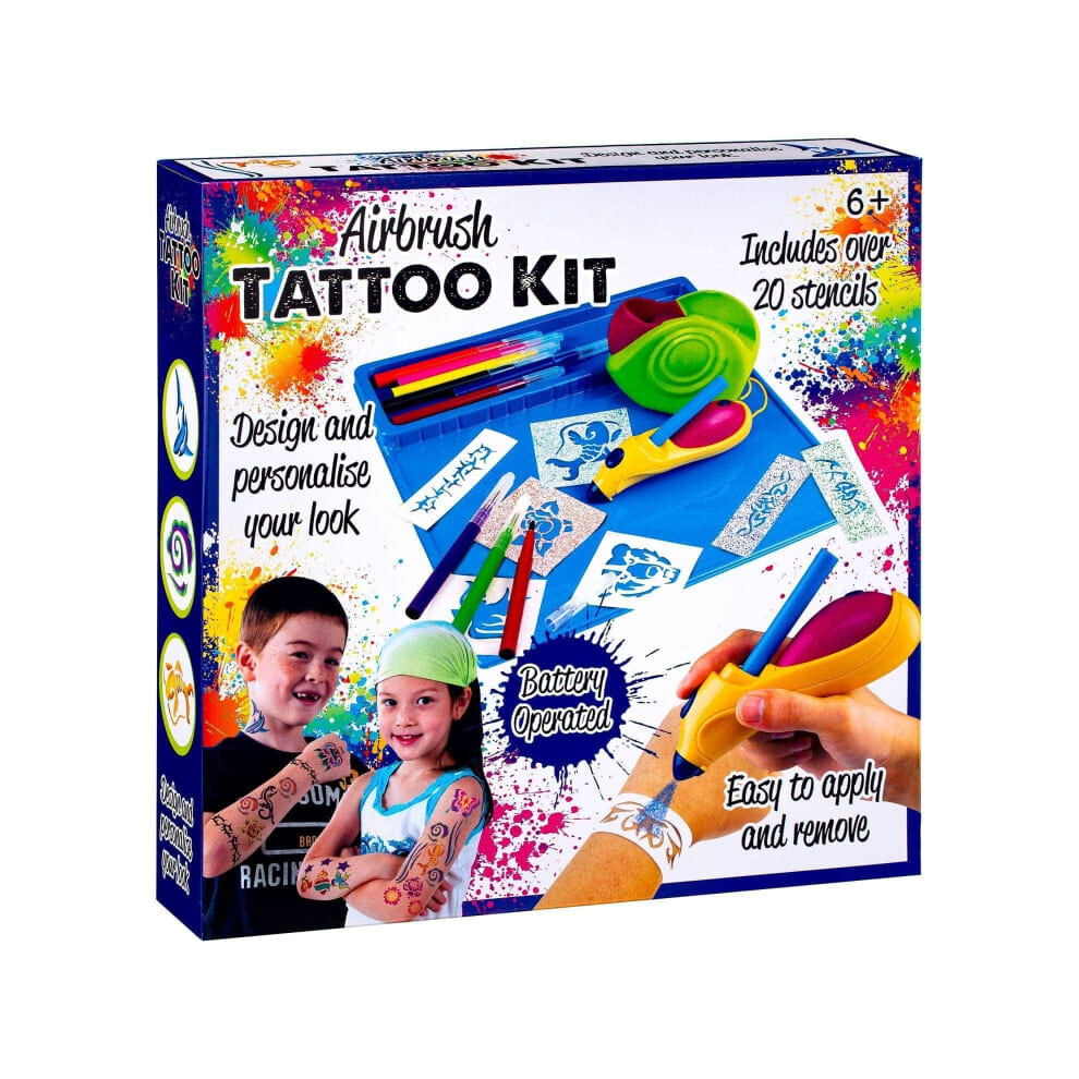 Airbrush Tattoo Kit Blue Battery Operated Over 20Stencils Gift For Kid