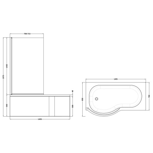 Balterley Left Hand Shower Bath Bundle - Includes Tub, Curved 6mm Safety Glass Screen and Front Panel - 1500mm 2