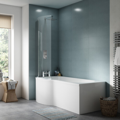 Balterley Left Hand Shower Bath Bundle - Includes Tub, Curved 6mm Safety Glass Screen and Front Panel - 1500mm 1