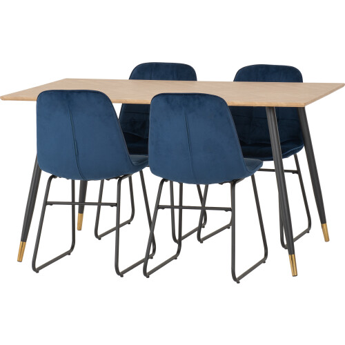 Seconique Hamilton Dining Set with 4 Lukas Chairs Medium Oak Effect Blue Velvet Chairs