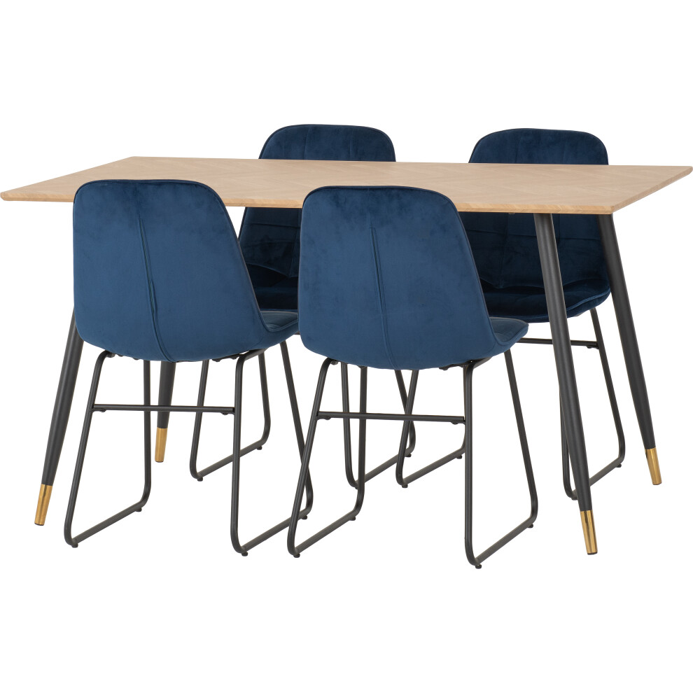 Hamilton Dining Set with 4 Lukas Chairs Medium Oak Effect Blue Velvet Chairs