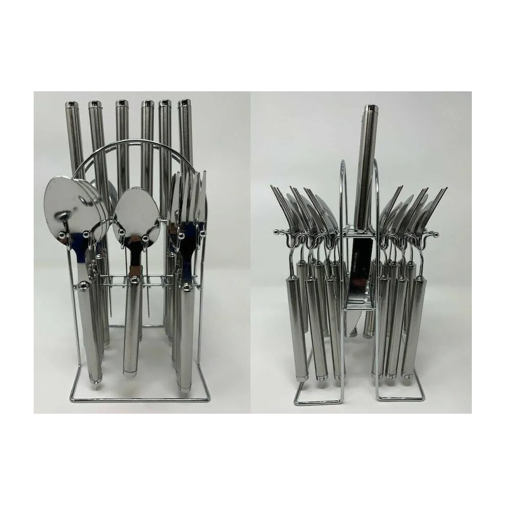 24 Pc Cutlery Set Stainless Steel & Stand Knife Fork Spoon Teaspoon On Rack UK