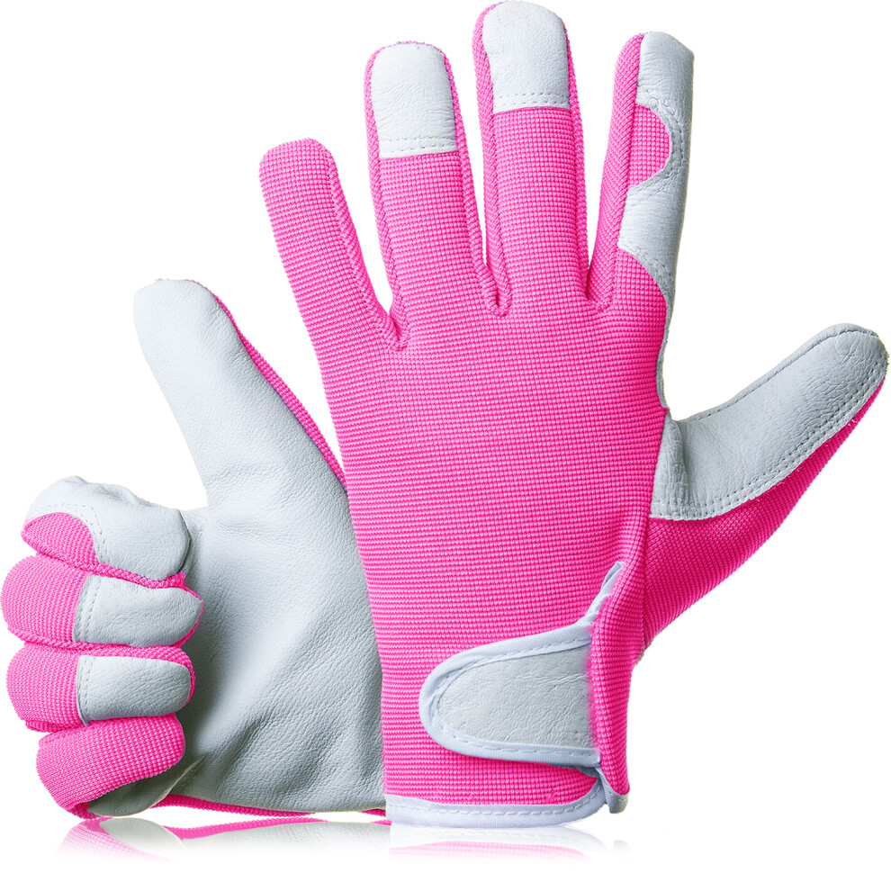 GardenersDream Ladies / Mens Slim Fit Leather Gardening Work Gloves - Pink