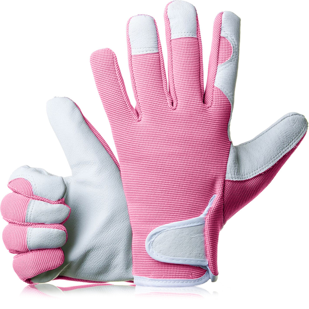 GardenersDream Ladies / Mens Slim Fit Leather Gardening Work Gloves - Baby Pink