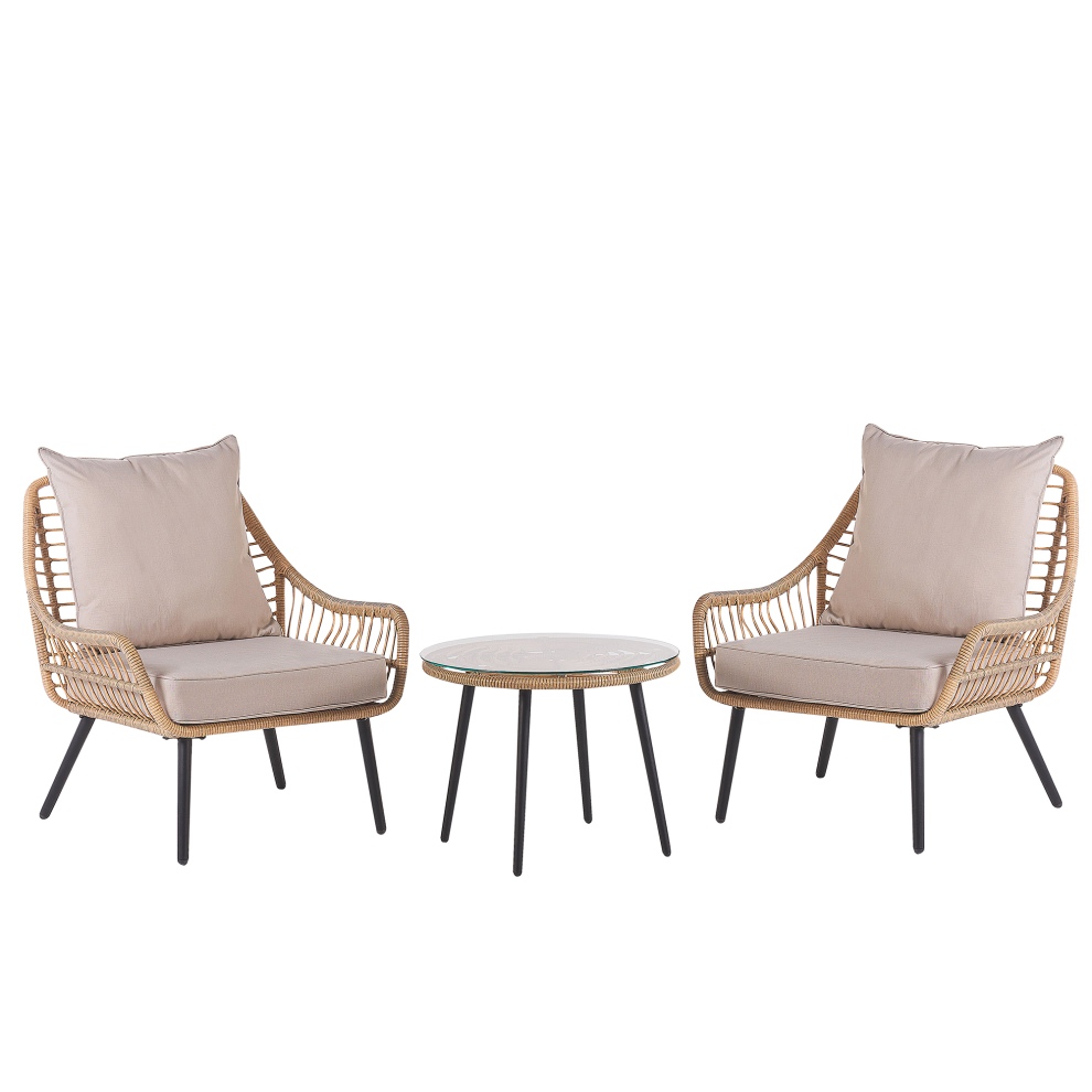 Bistro Set with Cushions LAURETO PE Rattan Natural