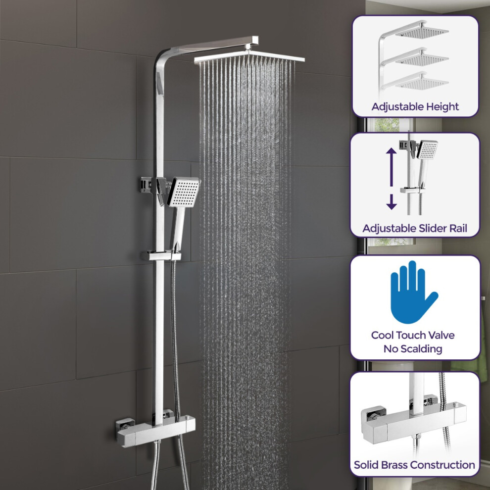 Nes Home Shower Head with Square Thermostatic Bar Valve & Riser Rail Kit