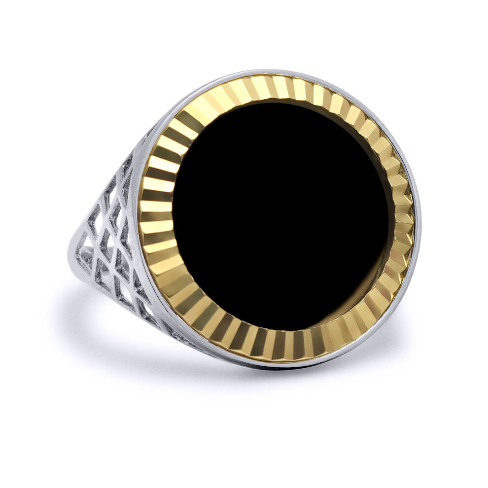 (S) Jewelco London 925 Sterling Silver Basket Full Sovereign Coin Mount Ring - 9ct Gold Fluted Bezel & Onyx - XRN168-F