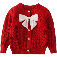(90CM, Wine Red) Girls Button Knitted Sweater Cardigan Kids Long Sleeves Chunky Sweater Jacket Coat Tops Fall Winter Warm Clothes