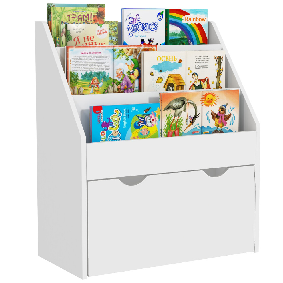 AIYAPLAY Kids Bookcase w/ 3 Tier Shelves, Drawer, for Bedroom, Nursery, White