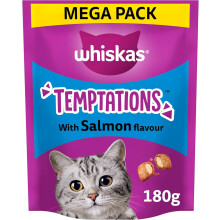 WHISKAS Temptations - Tasty, Crunchy Treats for Adult Cats, Small Bite Size Snacks with a Delicious Salmon Flavour Filling, 4x180 g Packets