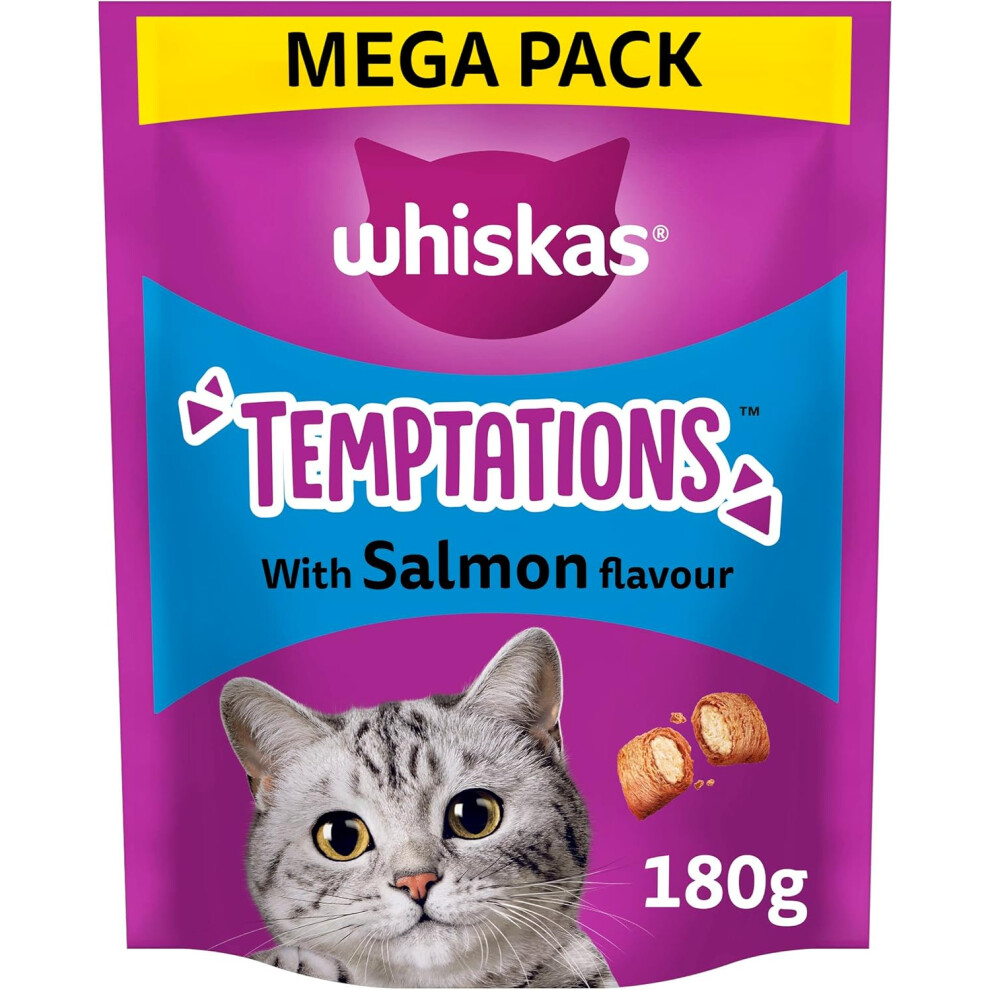 WHISKAS Temptations - Tasty, Crunchy Treats for Adult Cats, Small Bite Size Snacks with a Delicious Salmon Flavour Filling, 4x180 g Packets-image-OPC-PF9DMNV-NEW