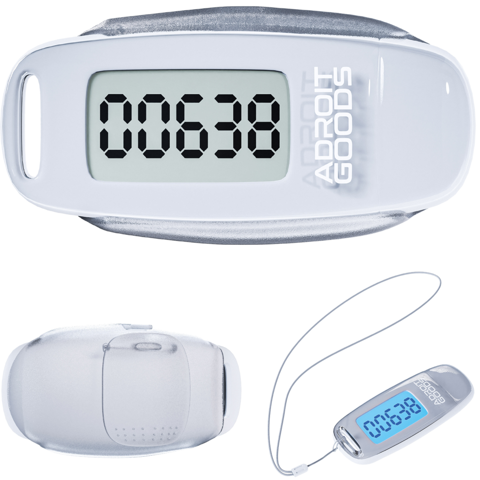 (White) AdroitGoods Pedometer with Clip and Carrying Cord