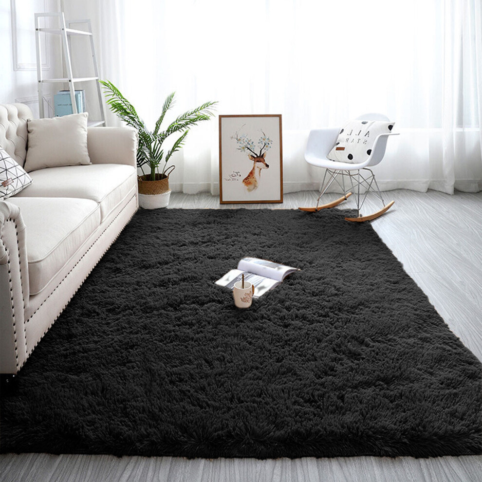 (BLACK, 120cm x 170cm (4ft x 5ft 8")) Non-Slip Rugs Shaggy Fluffy Living Room Carpet Mat