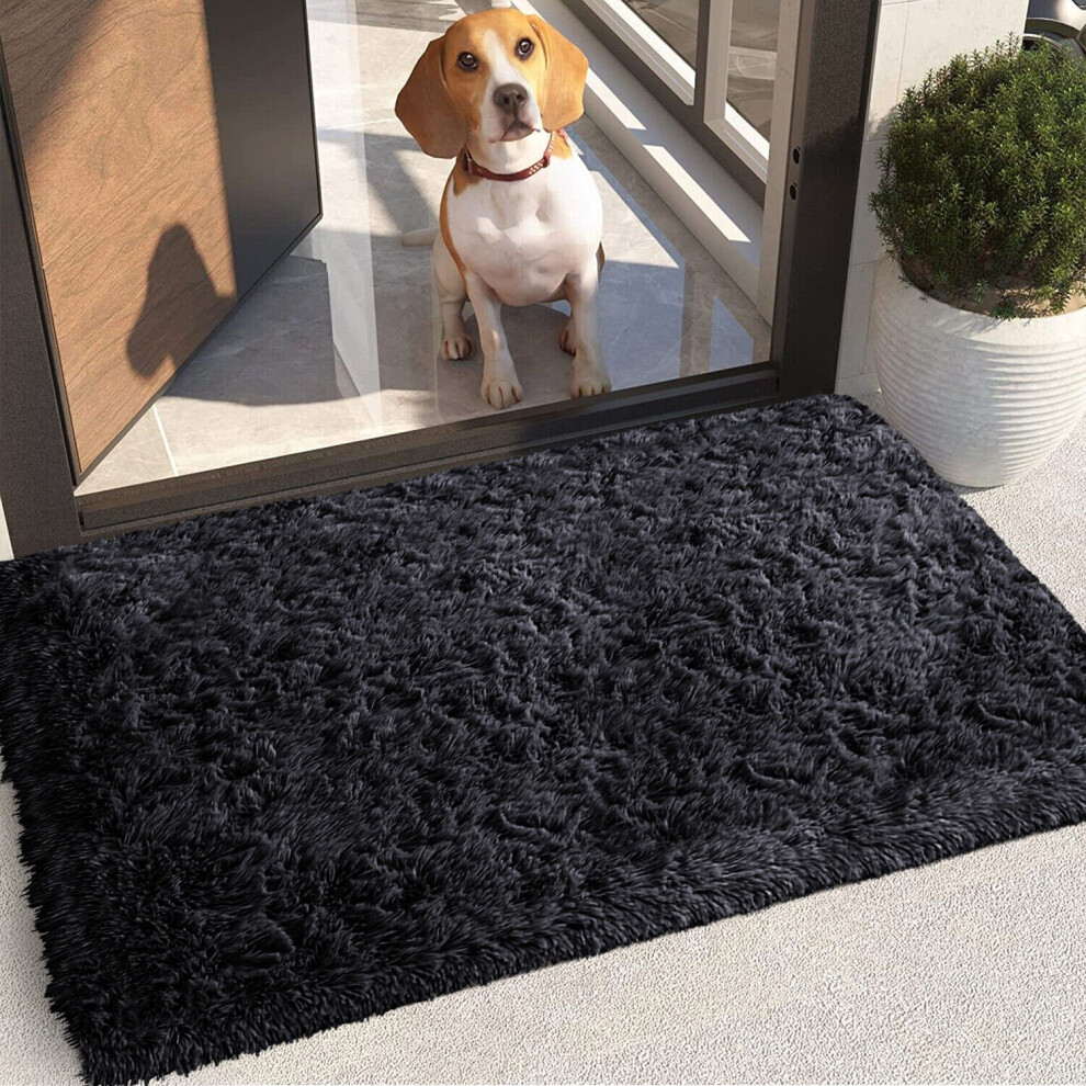 (BLACK, 50cm x 80cm Door Mat  ) Non-Slip Rugs Shaggy Fluffy Living Room Carpet Mat