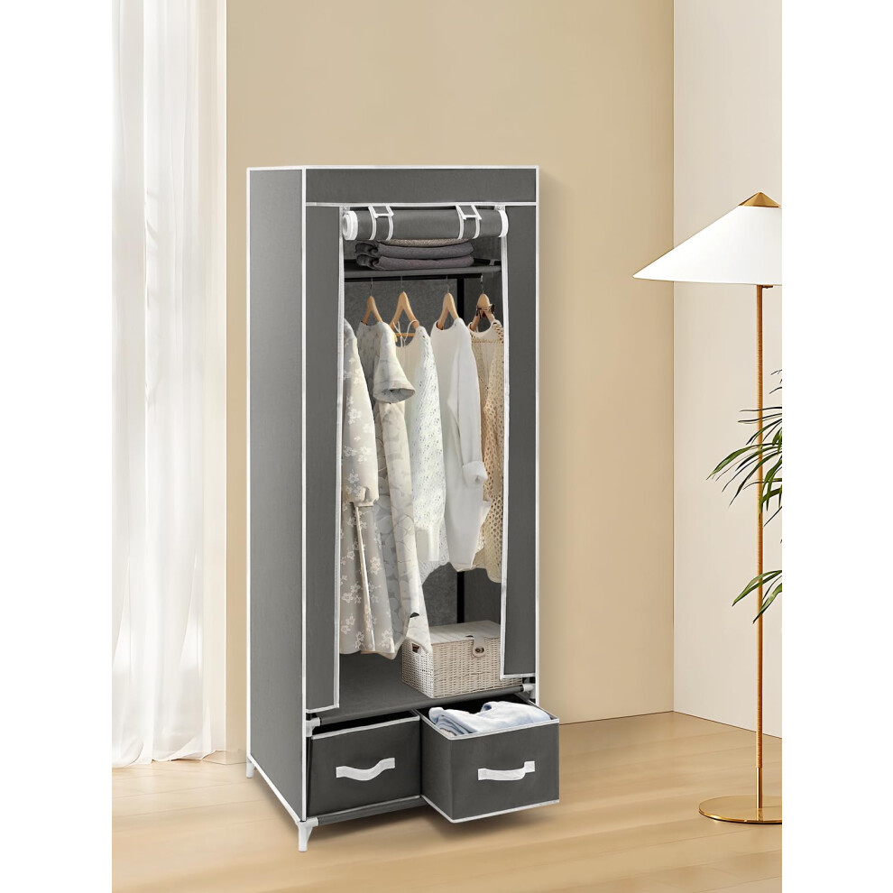 Portable Canvas Wardrobe 160 x 60 x 43 cm, Grey â Metal Frame, Hanging Rail & Shelves, Dust/Mold Resistant, Easy Assembly-image-OPC-PF9FMKY-NEW