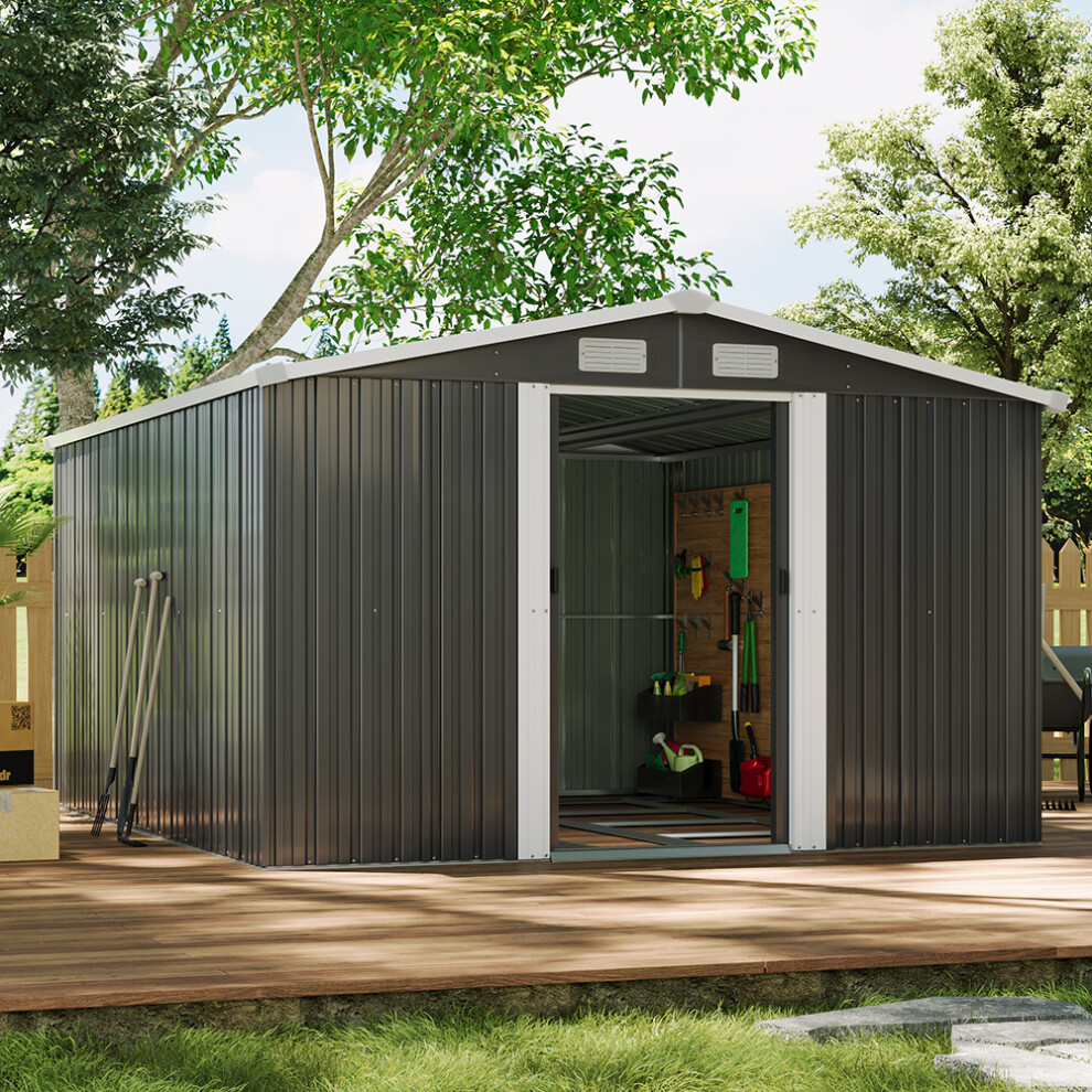 12x10ft Charcoal Black Large Garden Shed Apex Roof Outdoor Tools Storage + Free Base