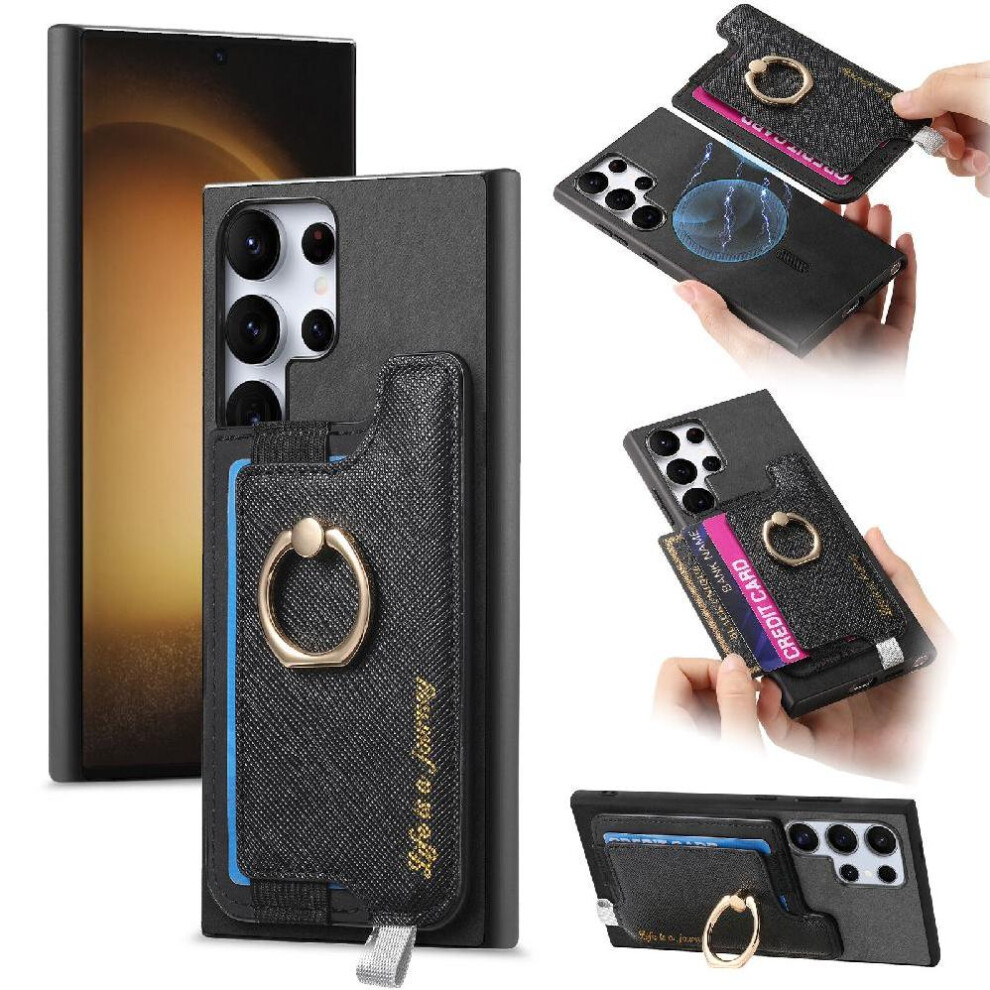 (Black) Case For Samsung Galaxy S23 Ultra Magnetic Wallet Ring Stand Holder Magsafe Compatible Black 764762787455