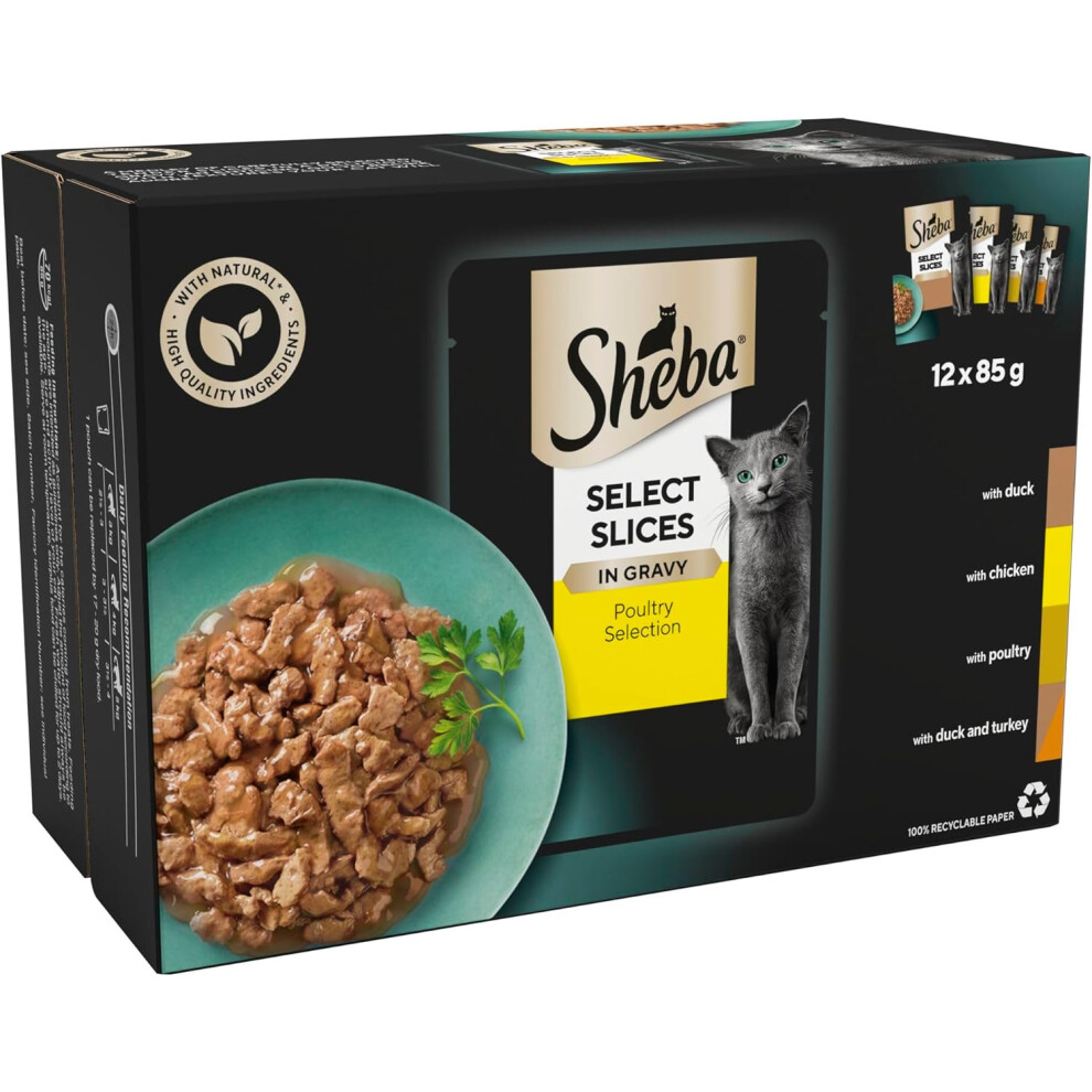 Sheba Select Slices Gravy Poultry Selection Wet Cat Food Pouches Adult Cats Pack 4 4 x 12 Pouches x 85 g