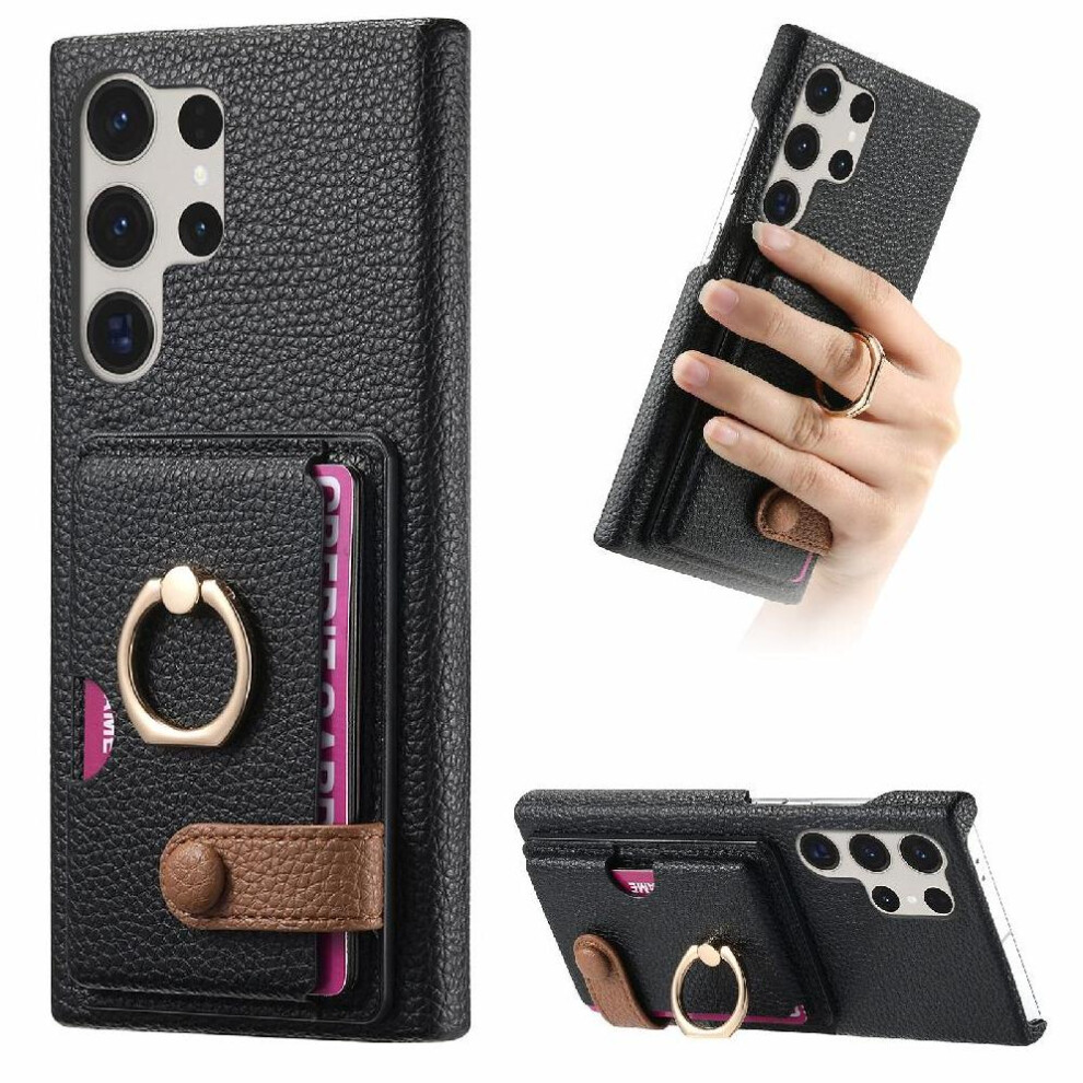 (Black) Case For Samsung Galaxy S23 Ultra Ring Stand Card Slots Premium Textured Leather Black 764762788438