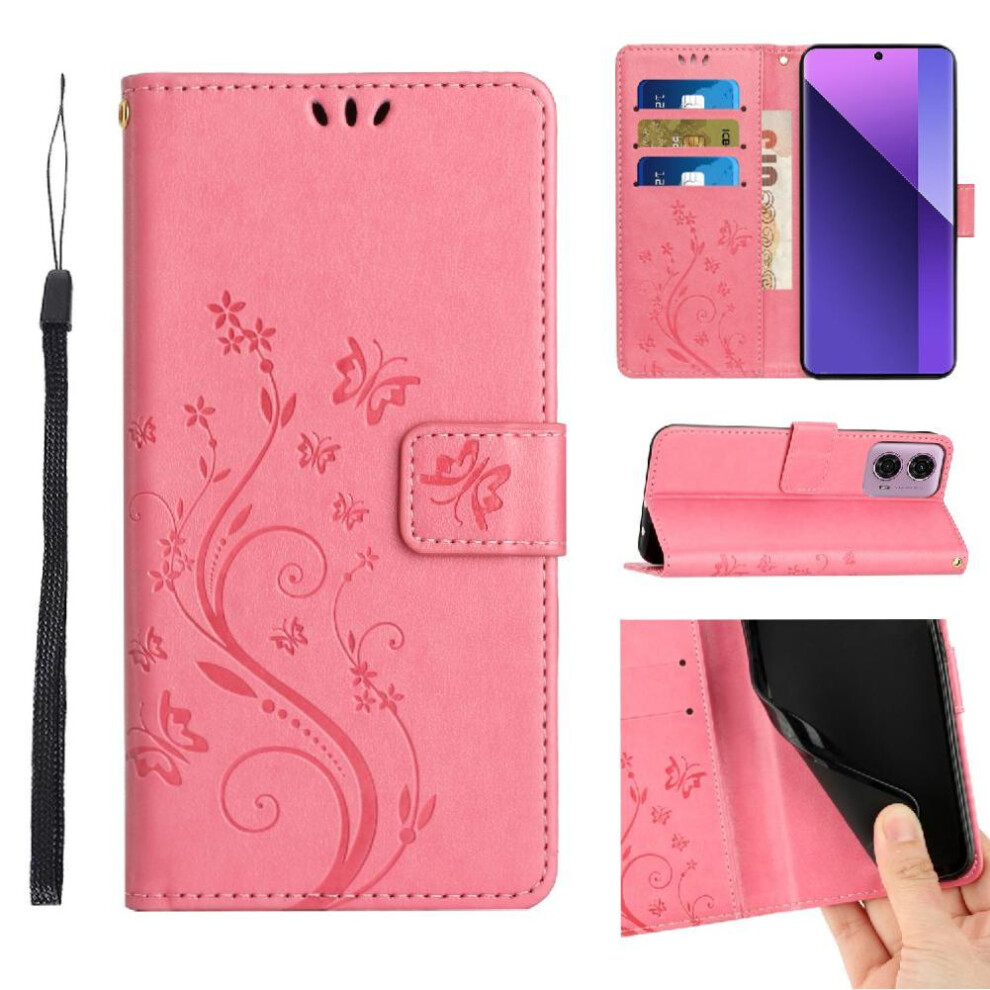 (Pink) Filp Case For Motorola Moto G34 Wrist Strap Magnetic Closure Card Holder Pu Leather Kickstand Pink 764762789978