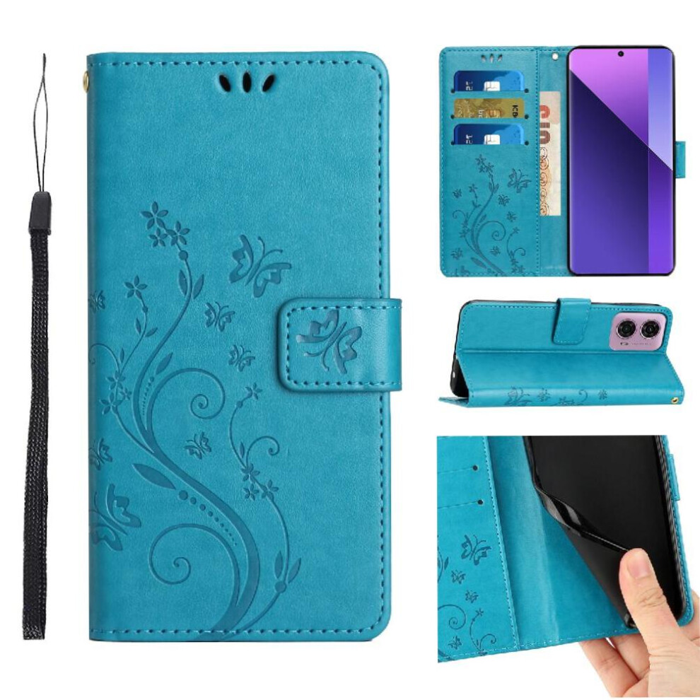 (Blue) Filp Case For Motorola Moto G34 Wrist Strap Magnetic Closure Card Holder Pu Leather Kickstand Blue 764762789954