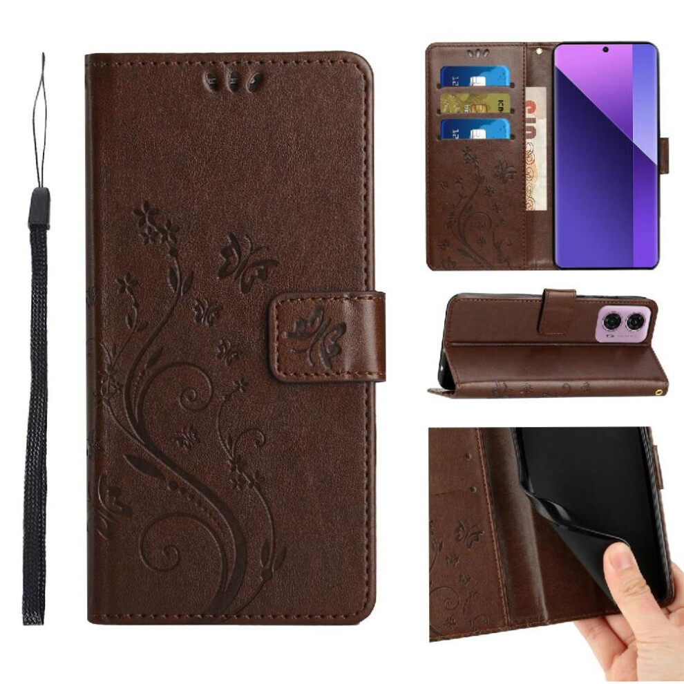 (Brown) Filp Case For Motorola Moto G34 Wrist Strap Magnetic Closure Card Holder Pu Leather Kickstand Brown 764762790035