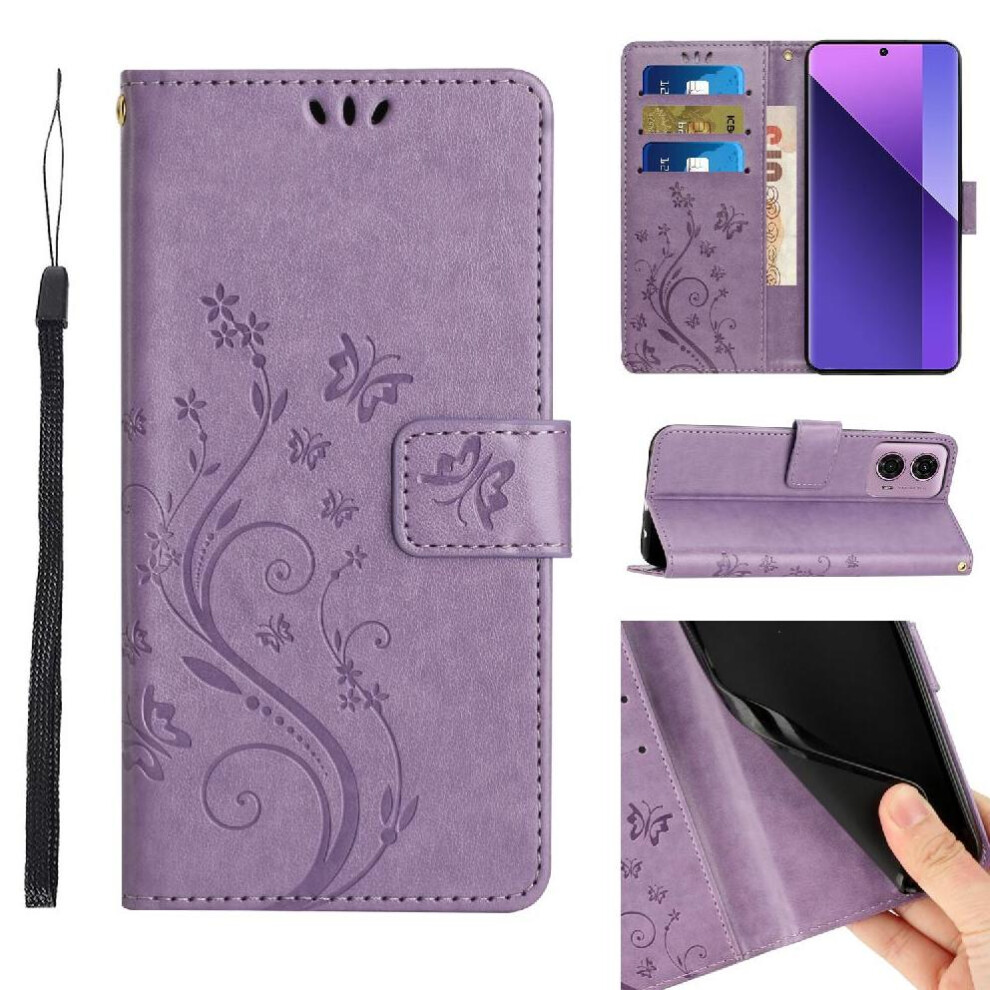 (Purple) Filp Case For Motorola Moto G34 Wrist Strap Magnetic Closure Card Holder Pu Leather Kickstand Purple 764762790004
