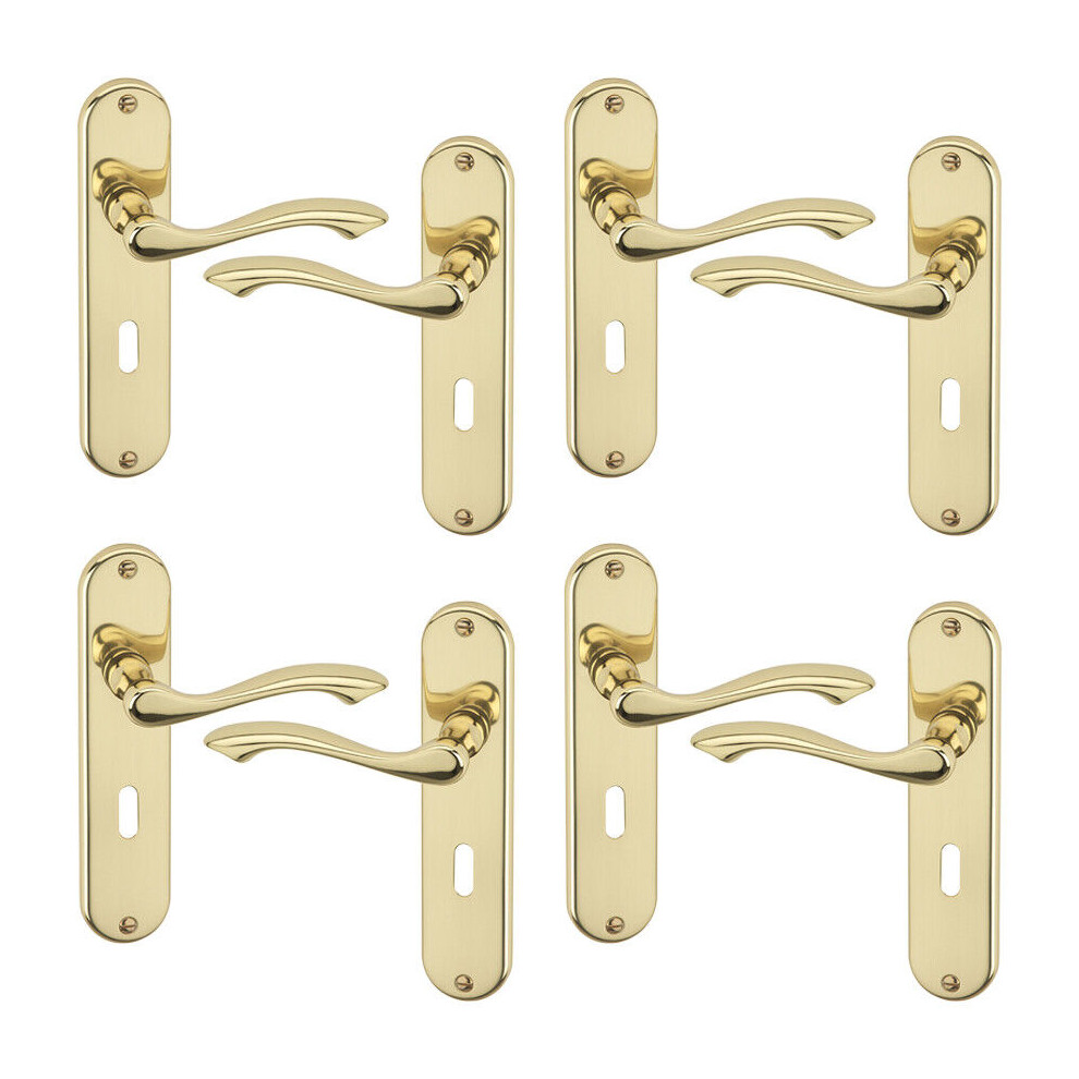 (4x Polished Brass Keyhole) 4/6Pcs Kensington Metal Door Lever Handles Set, Fire, Stain Scratch-Resistant for All Type Interior Exterior Doors w/ Easy Install Tool for Multipack
