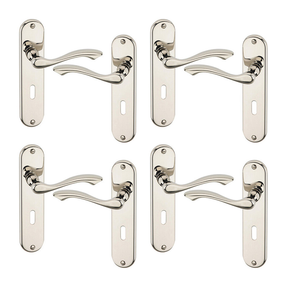 (4x Polished Nickel Keyhole) 4/6Pcs Kensington Metal Door Lever Handles Set, Fire, Stain Scratch-Resistant for All Type Interior Exterior Doors w/ Easy Install Tool for Multipack