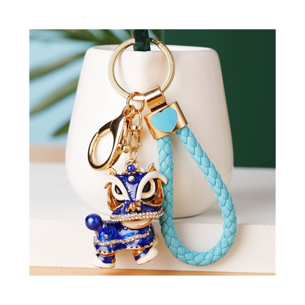 (Blue Lion) Vibrant Chinese Inspired Lucky Lion Keychain Colorful Metal Keyring Great For Women