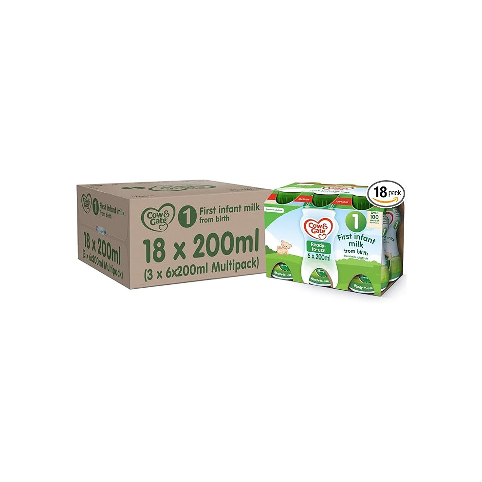 Cow & Gate 1 First Infant Baby Milk Ready to Use Liquid Formula, from Birth, 200 ml, (Pack of 18)