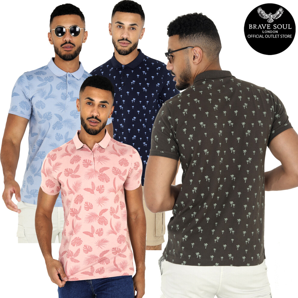 (Red, Pink Areca Short Sleeve Printed Polo, L) Men's Brave Soul Short Sleeve Printed Casual Top