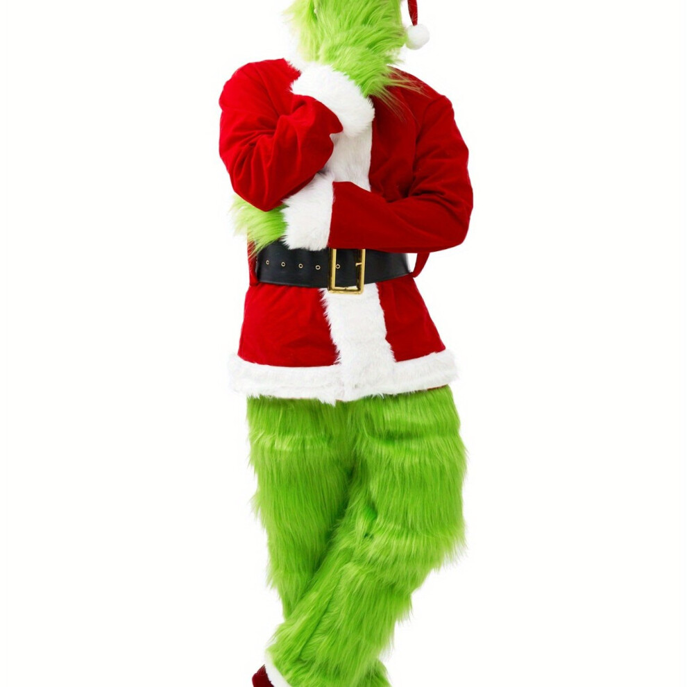 (Green, XXXL) Christmas Costume for Men Adult Green Big Monster Santa Suit 7PCS Mens Deluxe Furry