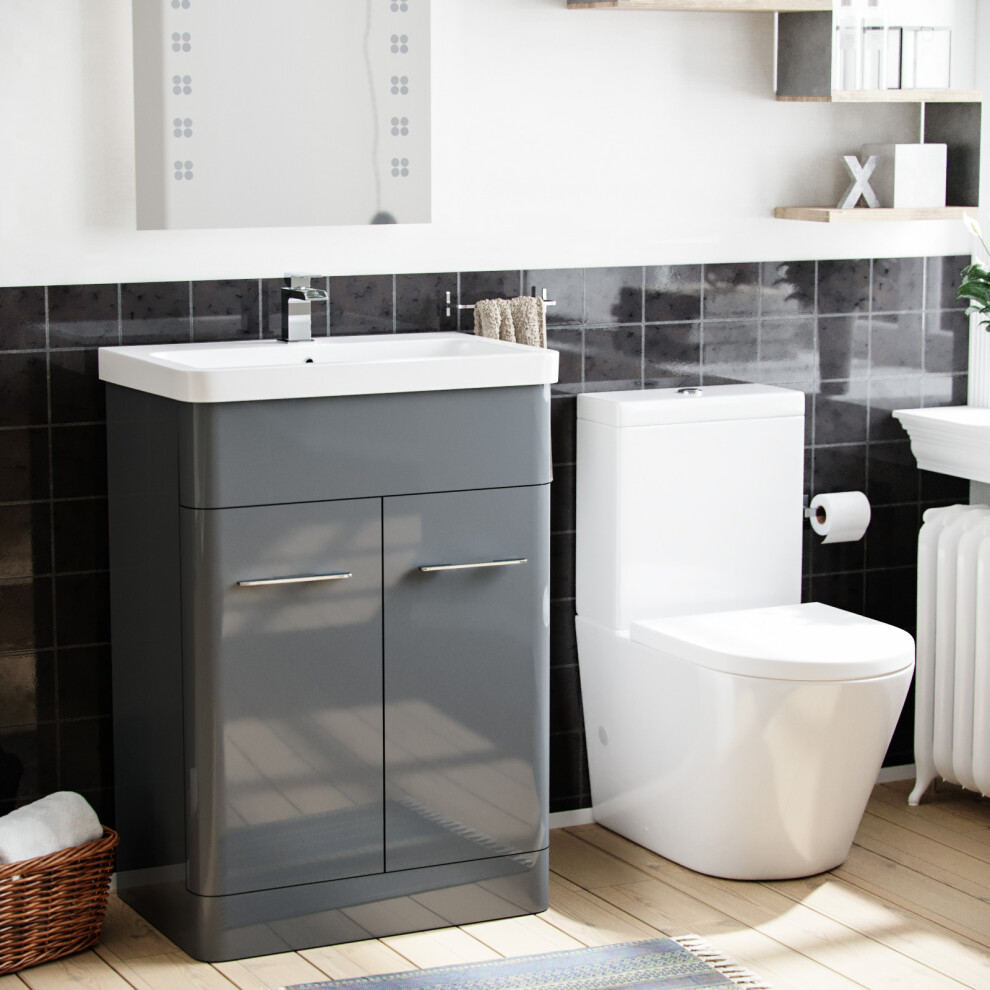 Nes Home 600Mm Vanity Basin Unit & Rimless Close Coupled Toilet Grey