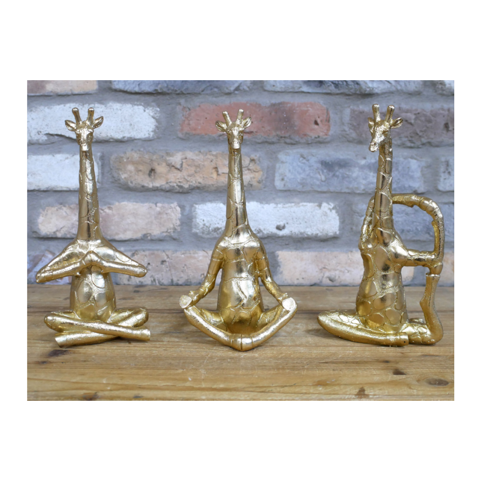 Set of 3 Resin Giraffes in a Yoga Pose | Gold | Decorative Ornaments