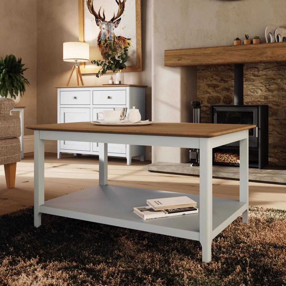 FWStyle Linen Cream Coffee Table Oak Veneer Top with Shelf