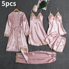 (Pink, S) 5pcs Women Lace Satin Silk Pyjamas Set Lingerie Nightwear Nightie Loungewear