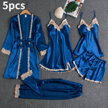 (Blue, L) 5pcs Women Lace Satin Silk Pyjamas Set Lingerie Nightwear Nightie Loungewear