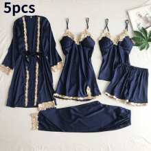 (Navy, M) 5pcs Women Lace Satin Silk Pyjamas Set Lingerie Nightwear Nightie Loungewear