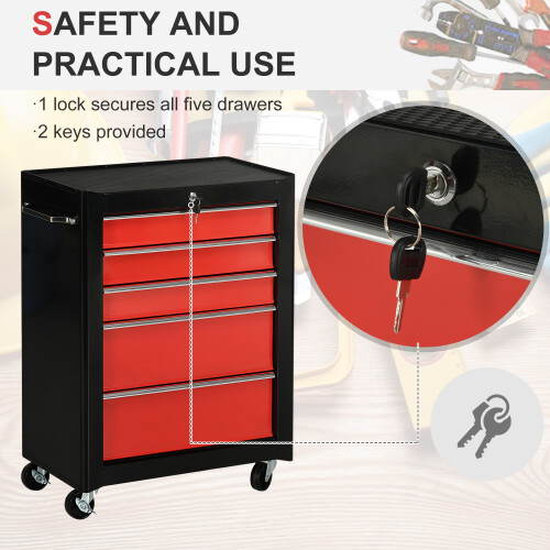 Homcom HOMCOM 5-Drawer Lockable Steel Tool Storage Cabinet Wheels Handle 2 Keys Red 2