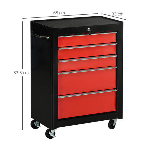 Homcom HOMCOM 5-Drawer Lockable Steel Tool Storage Cabinet Wheels Handle 2 Keys Red 1
