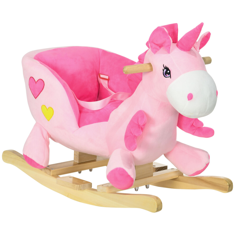 HOMCOM Rocking Horse, Plush Ride On Unicorn With Songs, Seatbelt, Pink