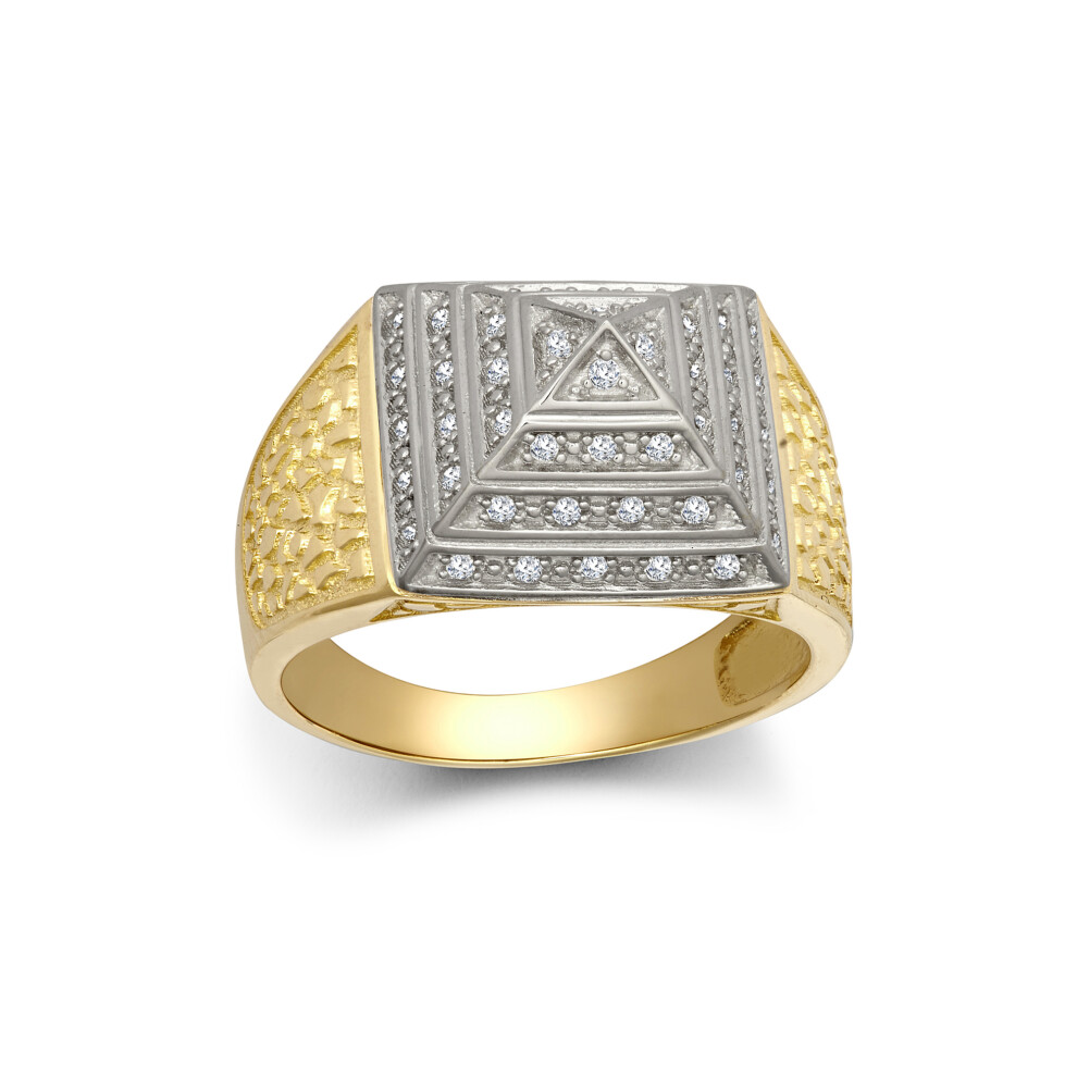 (P) Jewelco London Men's Solid 9ct Yellow and White Gold White Round Brilliant Cubic Zirconia Egyptian Pyramid 1/4oz 15mm Signet Ring - JRN578