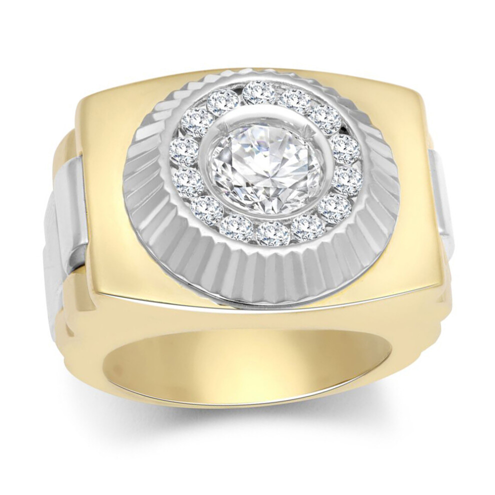 (W) Jewelco London Mens 9ct 2-Colour Gold White CZ Fluted Sunburst Bezel Watch Strap Cluster Solitaire Ring - JRN570
