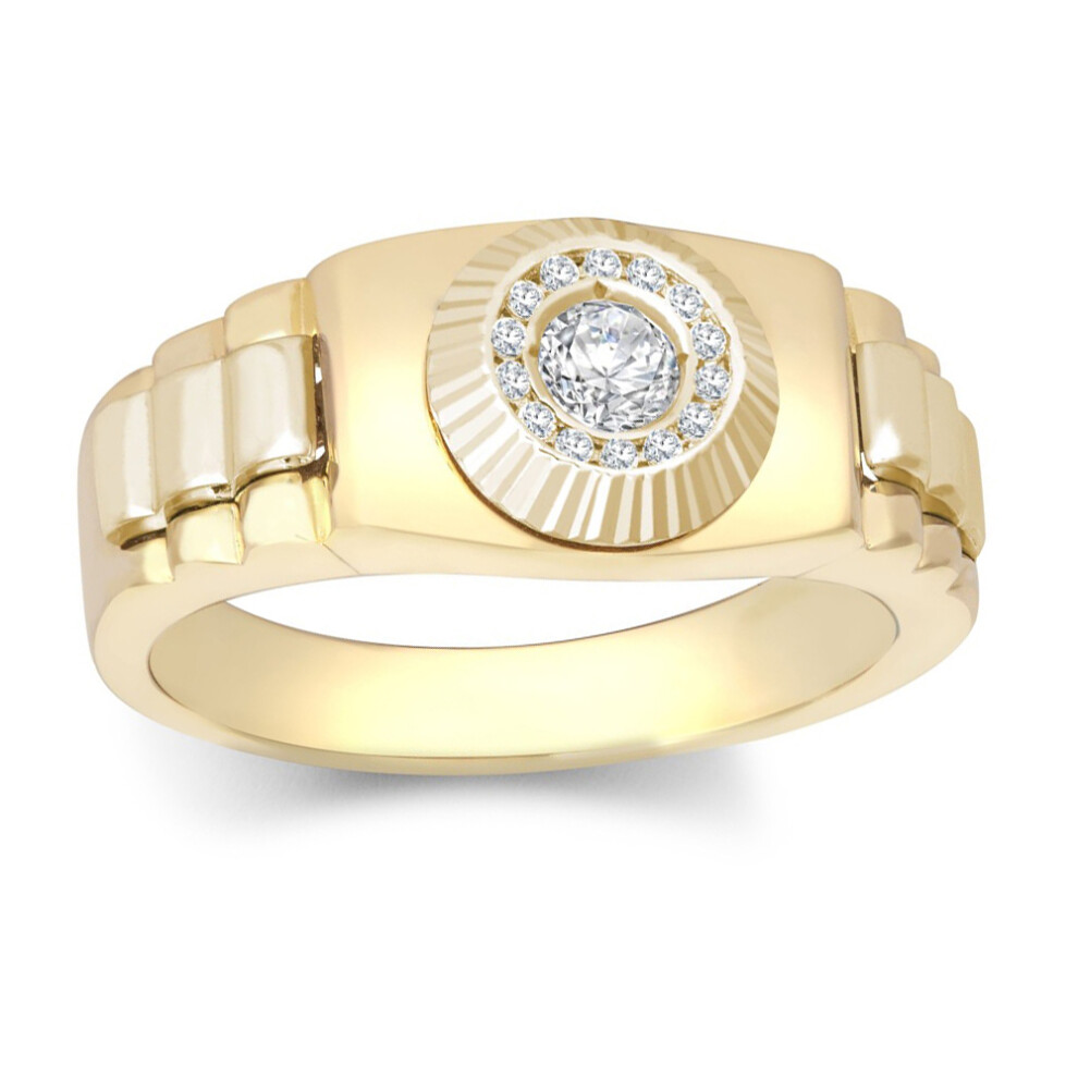 (X) Jewelco London Unisex Solid 9ct Yellow Gold White Round Brilliant Cubic Zirconia Fluted Sunburst Bezel Watch Strap Cluster Solitaire Ring - JRN572